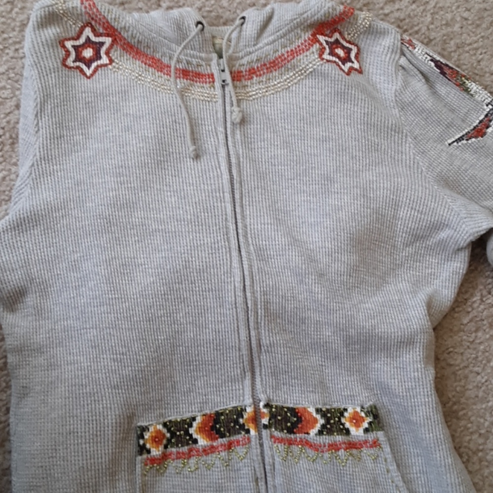 Free People Beaded Waffle Knit Gray Tribal Hoodie - Picture 2 of 6
